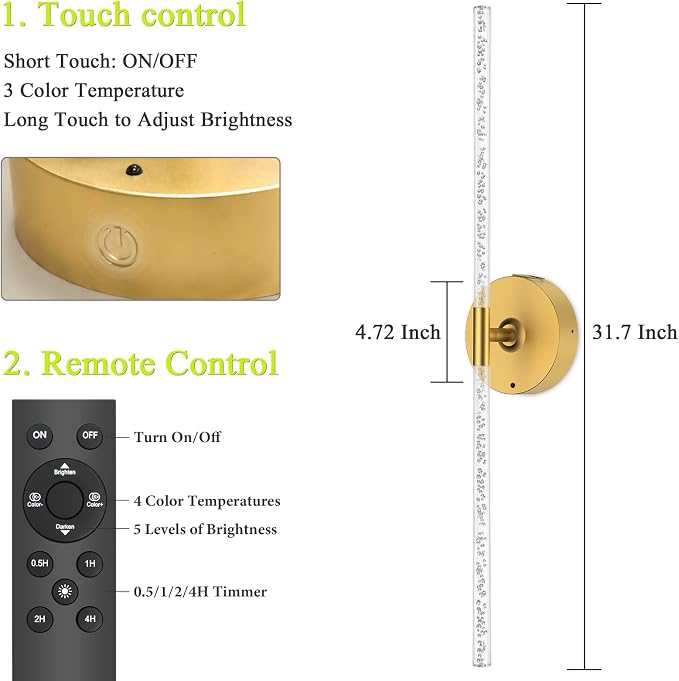 Rechargeable Wall Lights Battery Operated Sconce 2Pack(Gold Bubble Crystal) | 10000mAh Wireless Wall Lights With Touch & Remote, 4CCT, 360° Rotatable Wall Lamp for Bedroom Living Room Hallway 31.5in