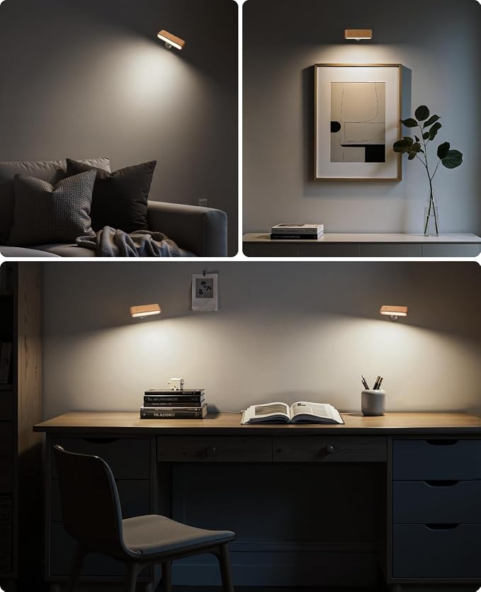 2Pack Battery Operated Wall Sconce, Wood Magnetic 360° Rotation | Bedside Reading, 360° Rotation, Stepless Dimming, 4000K Natural Light, Magnetic Installation for Bedroom Wall Lamps