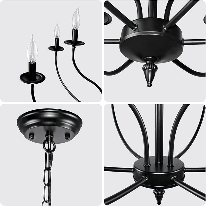 Black Chandelier, 9 Light Industrial Iron Farmhouse Chandeliers, 2-Tier Candle French Country Chandelier for Living Room Dining Room Bedroom Foyer