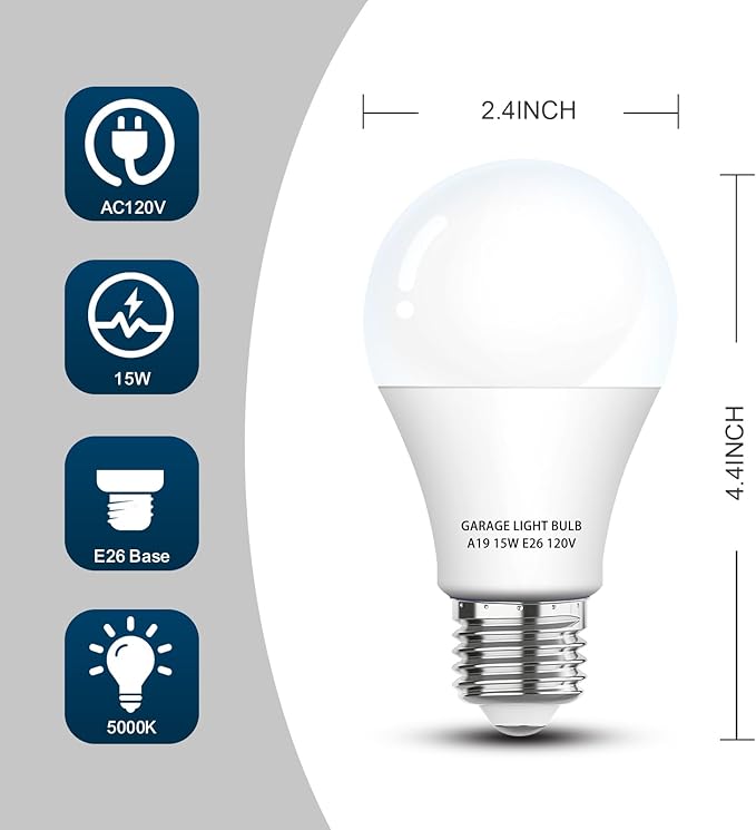 Garage Door Opener LED Light Bulb 4 Pack，15W Equivalent to 100W Garage Light Bulb,A19 5000K Daylight White E26 Base 120V Outdoor Light Bulbs,Minimize Interference,Dimmable