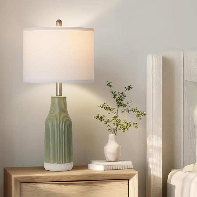 24.5" Ceramic Table Lamp for Bedroom, Sage Green Table Lamp for Living Room End Table, Small Farmhouse Bedside Lamp for Nightstand (1 Pack)