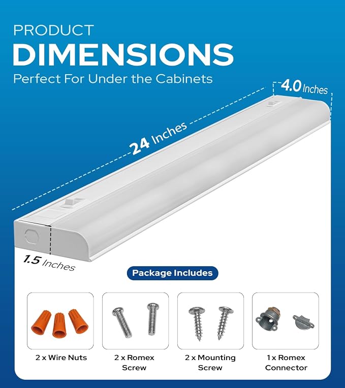 24 Inch Hardwired Under Cabinet Lights, 2 Colors - 3000K (Soft White) & 4000K (Cool White), Led Under Cabinet Lighting Hardwired, Dimmable Under Counter Lights for Kitchen, Under counter Light Fixture