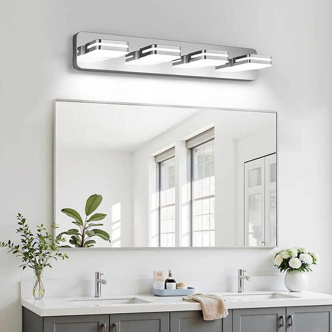 360° Rotate LED Bathroom Vanity Light Fixtures, 1600LM Acrylic Chrome Vanity Lights for Bathroom, Modern Wall Lighting Fixtures Over Mirror Kitchen Living Room Hallway (Natural White Light 5000K)