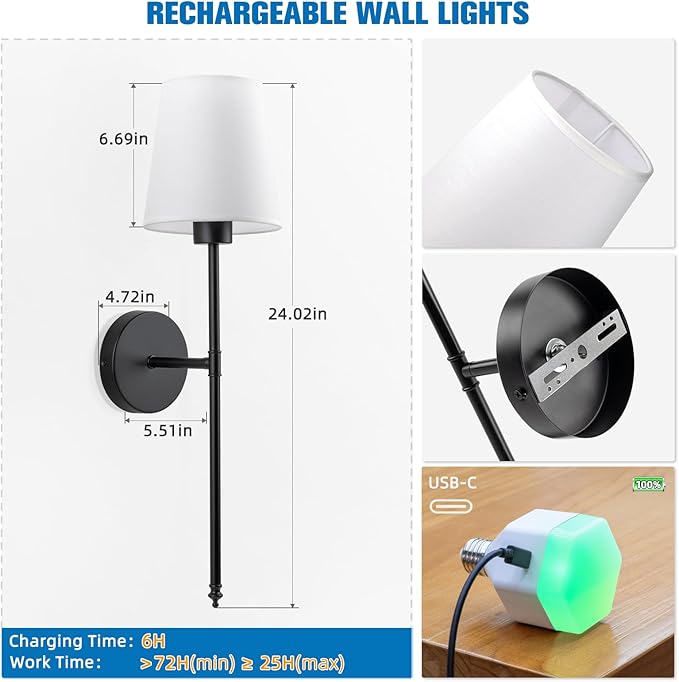 NIORSUN Battery Operated Wall Sconce Set of 2,Black Rechargeable Wall Lights with 5200mAh Dimmable Detachable Bulbs and Remote, 9 Colors Wireless Wall Lamps for Bedroom Living Room Hallway Decor