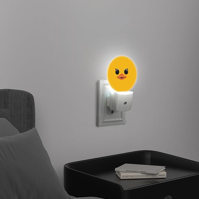 Round LED Night Lights Lamp with Dusk to Dawn Sensor, Bright Yellow Backdrop with Cartoon Duck Visage Night Light Plug Into Wall for Kids Room, Bedroom, Bathroom, Kitchen, Hallway