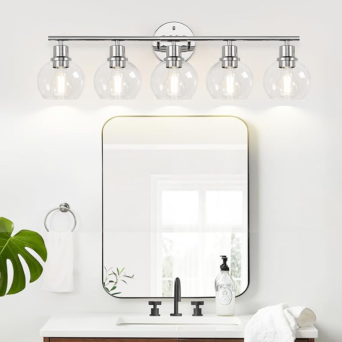 Indoi 5-Light Bathroom Light Fixture, Chrome Bathroom Wall Light with Clear Glass Globe Shades, Modern Vanity Lights Over Mirror for Bathroom, Bedroom, Kitchen, Living Room, Hallway