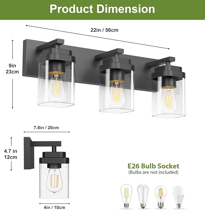 Black Bathroom Light Fixtures, 3 Lights Bathroom Lighting Fixtures Over Mirror, Square Design & Rectangle Large Backplate, Modern Vanity Lighting Fixtures, for Bathroom/Living Room/Bedroom