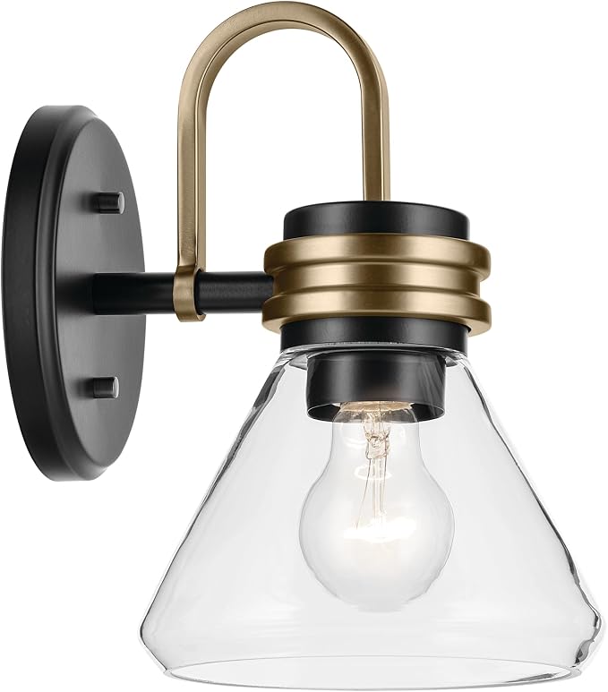 Kichler Farum 1-Light Bathroom Wall Light, Black | Modern wall light with clear glass for bathrooms, hallways and bedrooms (7.25" x 9.5"), 55153BKCLR