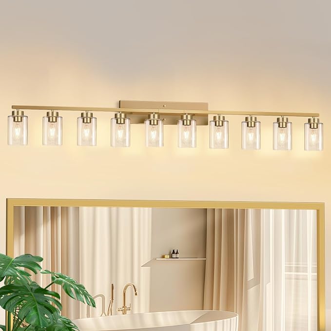 IZORRO Modern Bathroom Light Fixtures, 10 Light Gold Vanity Lights, Bathroom Lighting Fixtures Over Mirror with Clear Glass for Living Room Cabinet Bedroom