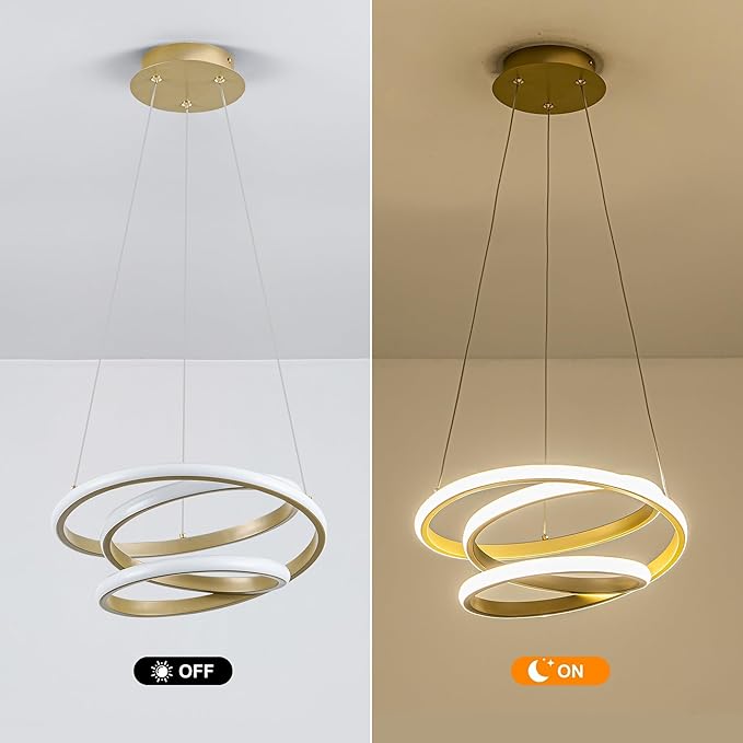 Mayful Modern Chandelier with Remote Control, 3-Color Dimmable LED Pendant Light Fixtures, Height Adjustable Kitchen Island Lighting for Dining Room,Bedroom,Living Room,Foyer,Office Gold 13.78 inches