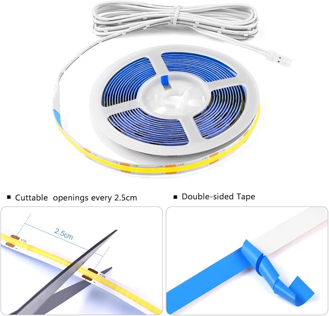 12V COB LED Strip Lights Kit,3.3Ft 6-in-1 Self-Adhesive LED Under Cabinet Lighting with 36W Adapter Dimmable Touch Switch for Acoustic Panel, Display Cabinets, Wardrobes,Cabinets, Showcase Lighting