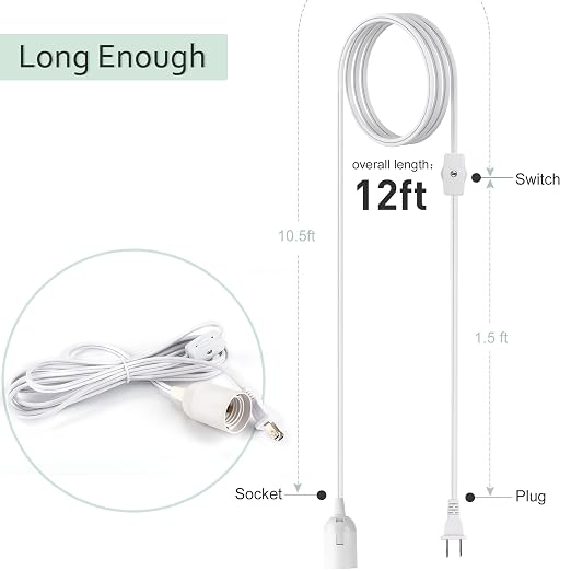 JACKYLED Extension Hanging Lantern Cord Cable UL 2-Pack 12Ft 360W with E26 E27 Socket Gear Switch + Hooks + 2-Prong US AC Power Plugs, Extra Lighting for Garage, Closet, Dark Corner, Plants