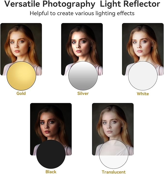UTEBIT 24"/60cm Light Reflector with Stand, 5-in-1 Portable Round Light Diffuser Translucent/Silver/Gold/White/Black Reflector Photography for Studio or Outdoor Photo Lighting