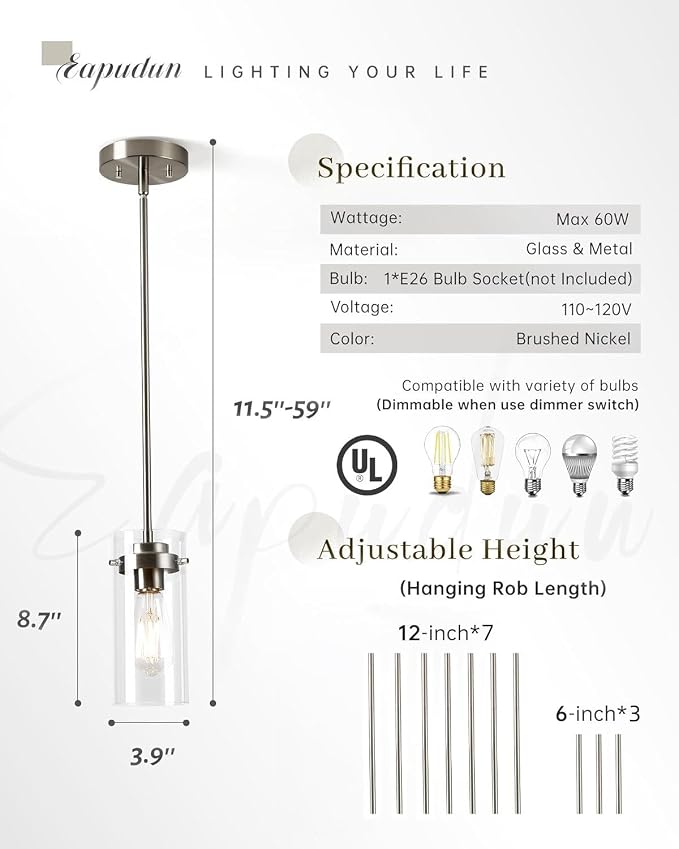 EAPUDUN Pendant Lights Kitchen Island (3 Pack), Clear Glass Shade Kitchen Lighting fixtures Ceiling Hanging, Brushed Nickel Light for Kitchen Island,Dining Room,Corridor Bedroom E26 Base