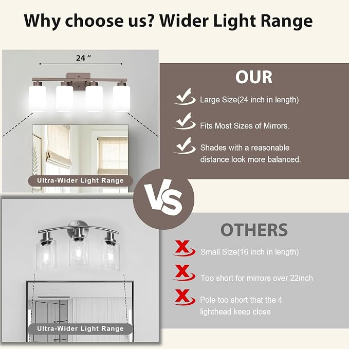 IZORRO Modern Bathroom Light Fixtures, 4 Light Oil-Rubbed Bronze Vanity Lights, Bathroom Lighting Fixtures Over Mirror with White Glass for Living Room Cabinet Bedroom