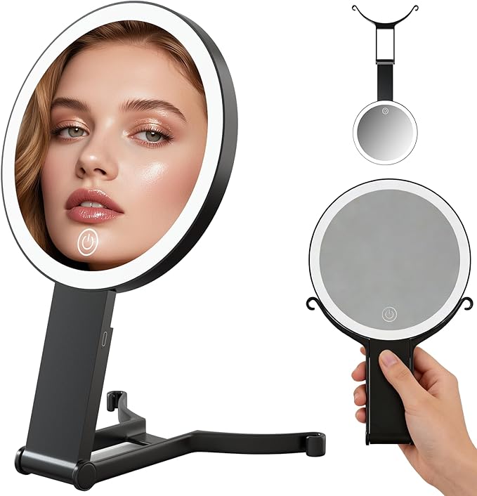 Makeup Mirror with Lights, 30X/1X Double Sided Magnifying Makeup Mirror with 3 Color Lighting and Adjustable Brightness, Portable hand mirrors with handle for Desktop Travel Use (1x/30x- Black)