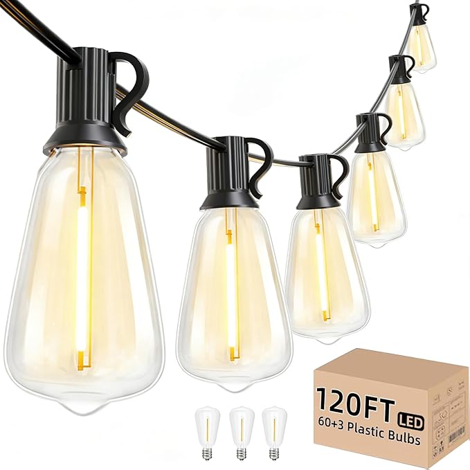 Svater Outdoor String Lights 120 FT, Waterproof Patio Light with 63 Bulbs | Outside Hanging Lighting, ST38 Dimmable Edison LED Bulbs, Connectable for Bistro Cafe Market Backyard, ETL 2700K