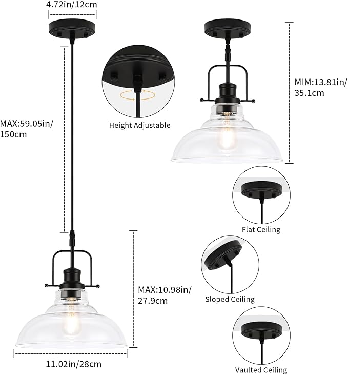 WILON Clear Glass Modern Pendant Light for Kitchen, Black | 11'' Clear Glass Shade, Adjustable Height, E26 Ceramic Socket, 60W MAX, Farmhouse Style for Dining Room Kitchen Over Sink