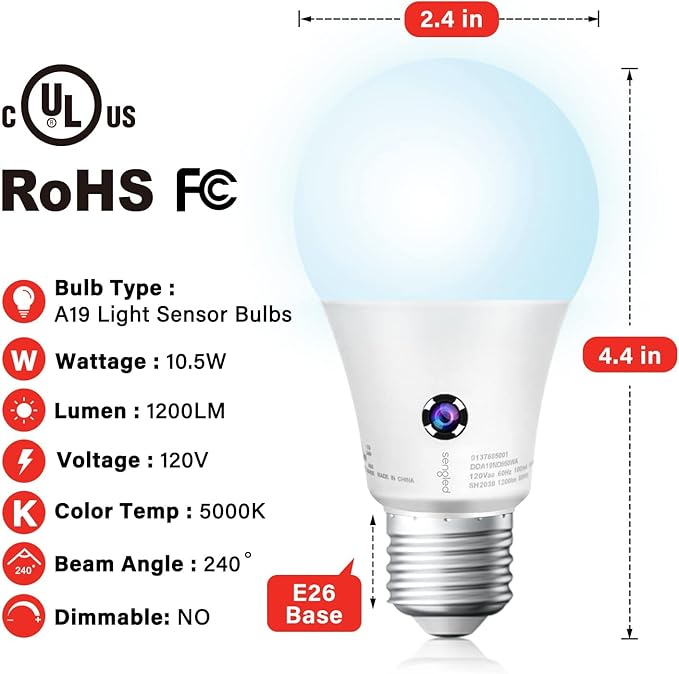 Sengled Dusk to Dawn Light Bulbs Outdoor, A19 LED Sensor Bulbs 6 Pack, 5000K Daylight 1200 Lumens, 75W Equivalent 10.5W, E26 Base Automatic On/Off Photocell Light Bulbs for Porch and Garage