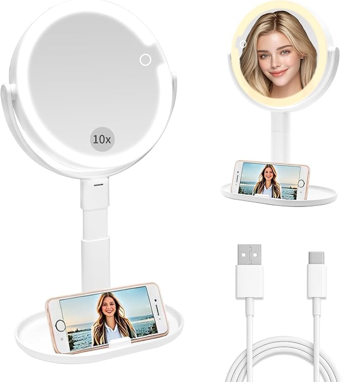 Makeup Mirror with Lights, 80 LED Dual-Sided Lighted Makeup Mirror with Magnification, Desk Mirror (1X/10X) with 3 Color (4000K-8000K) & Touch Dimmer, Rechargeable 2000mAh Battery, Gift for Women