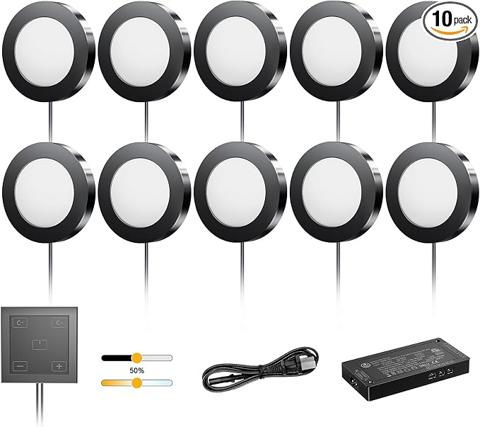 VST Under Cabinet Lights CCT 3000K-6000K, Puck Lights Color Temperature and Brightness Adjustable with Touch Switch and ETL Listed Led Driver, Plug in Led Light for Kitchen Under Cabinet 10pack