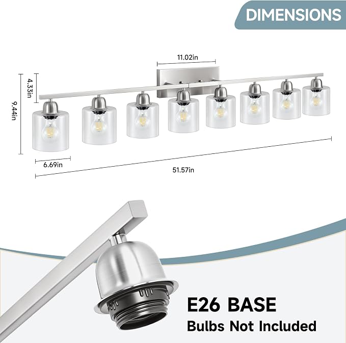 Modern Brushed Nickel 8 Light Bathroom Light Fixtures,52 inch Vanity Lights for Bathroom with Clear Glass, Bathroom Light Fixture for Mirror Kitchen Living Room Hallway Cabinet Porch