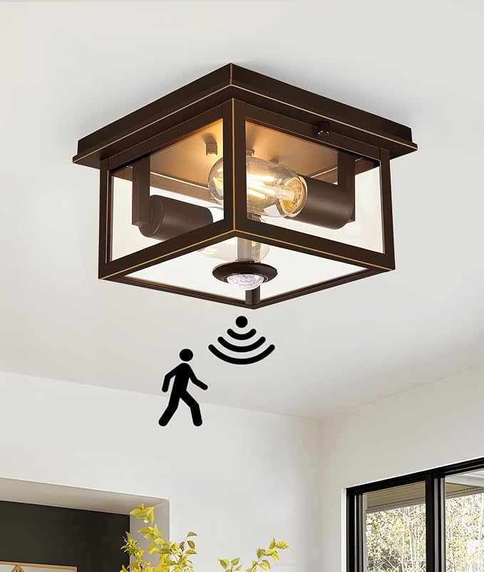Motion Sensor Outdoor Ceiling Light with Remote, 8.5 Inch Brown and Gold Flush Mount Porch Light Fixture with United Glass Cover, 5 Modes Outside Flush Mount Light for Porch, Garage, Entryway
