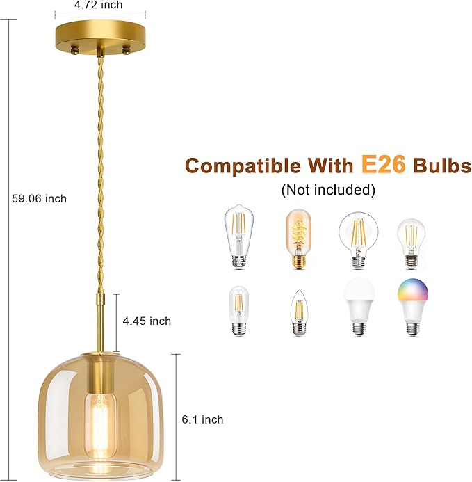 Pendant Lights Kitchen Island 2 Pack,Vintage Pendant Light Fixture with Amber Glass Shade,Gold Vintage Pendant Light for Dining Room,Kitchen Island,Hallway,Living Room and Coffee Shop