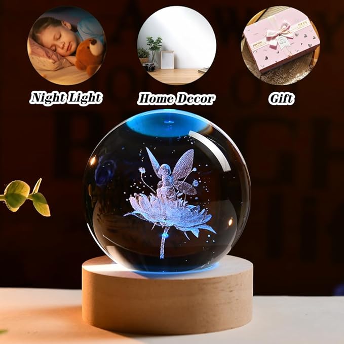 Fairy Gifts for Women 3D Fairy Crystal Ball Decor Ball Gift for Girls with LED Light Base