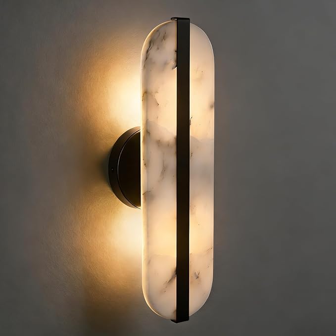 15.7in Natural Alabaster Wall Sconce Oval Marble Sconce Lighting | Black Bathroom Vanity Light Modern Stone Wall Lamp Hardwired Wall Mount Light for Bedroom Living Room Hallway Restaurant