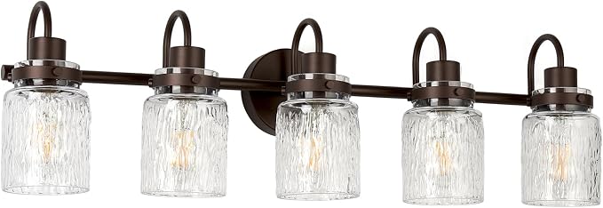 5 Lights Hammered Glass Bathroom Vanity Light, Oil Rubbed Bronze | Easy Installation,Up or Down,Farmhouse Modern Style,E26 Socket,ETL Certification