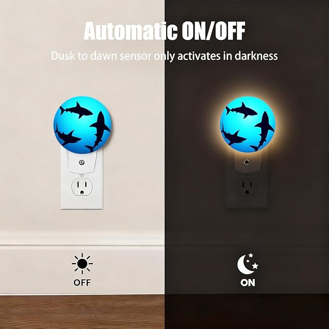 Plug-in Floating Sharks Night Light Ocean Blue Nightlight with Dusk to Dawn Sensor, Auto On/Off 0.5W Energy-Saving LED Lighting for Men Women Boys Girls Gift
