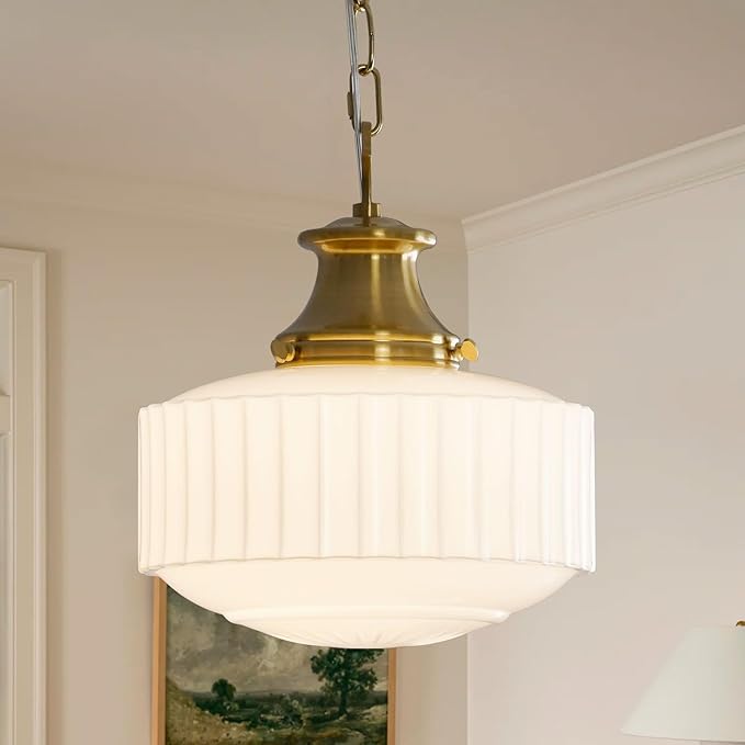 Milk Glass Pendant Light, 10.63" White Pleated Glass Chandelier, Vintage Brass Antique Pendant Lights, for Kitchen Island Lighting, Hallway, Bedroom, Dining Room, Foyer, E26 Bulb Included
