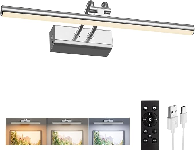 Picture Light for Wall, Platinum Silver, Battery Operated, Remote Control | 4000mAh Cordless,Wall Light, Magnetic for Easy to Charge,Timers, Display for Gallery Living Room Bedroom