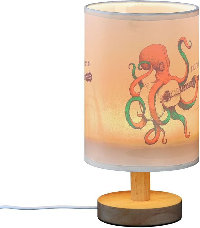 Table Lamp Vintage Octopus Play Guitar Ocean Marine Sea Life Design Nightstand Lamp with Wood Base Fabric Lamp Shade Bedside Desk Lamp for Living Room Bedroom Kids Room Office