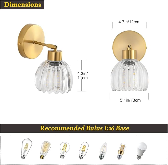 Wall Sconces Vintage Fixture Light, Vanity Lights for Bathroom, Modern Wall Light Fixtures, Metal Sconces Wall Lighting with Glass Shade, Farmhouse Wall Lamp for Bedroom Living Room
