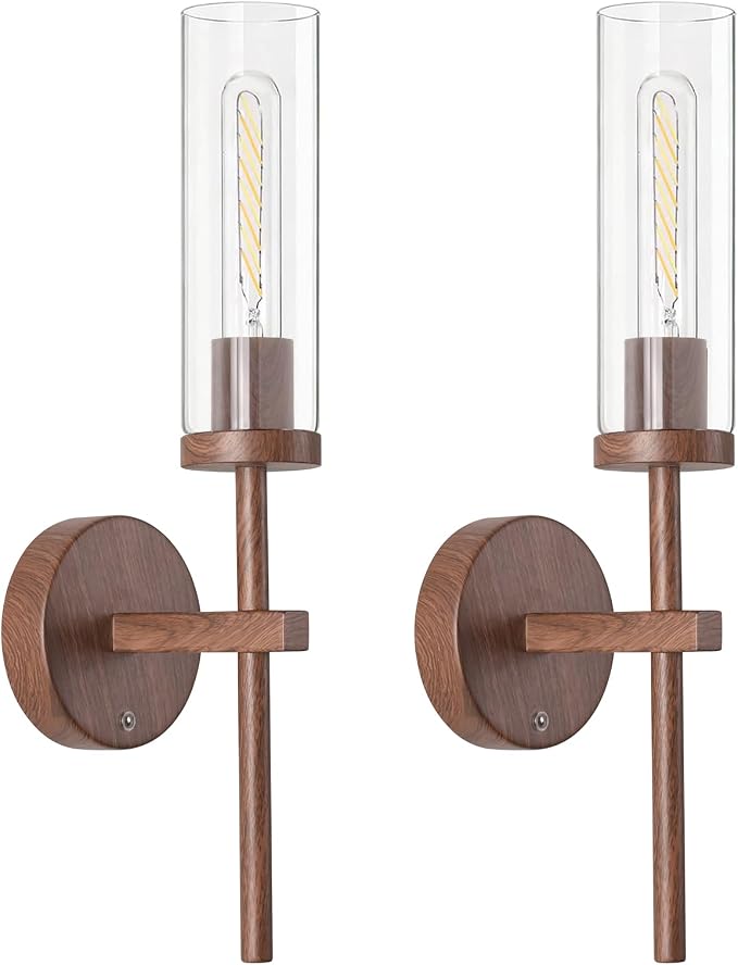 Shenmoyl Battery Operated Wall Sconces Set of 2, Walnut Color Rechargeable Wall Lighting Fixtures, Dimmable Wall Lights with Remote & Clear Glass Shade for Living Room, Bathroom,Bedroom
