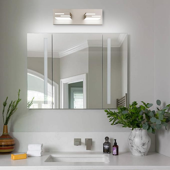 LED Modern Bathroom Vanity Light Fixtures, Dimmable Brushed Nickel Vanity Lights for Bathroom Lighting Fixtures Over Mirror, with 360° Rotatable Acrylic Heads 2-Light 16-inch (Cool White 6000K)