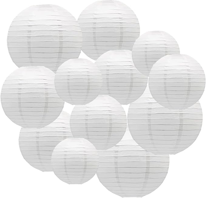 CC wonderland zone 12pcs White Hanging Paper Lanterns,Round Paper Lanterns for Birthday,Baby Shower,Wedding,Party,Home Ceiling Decoration（4" 6" 8" 10" ）