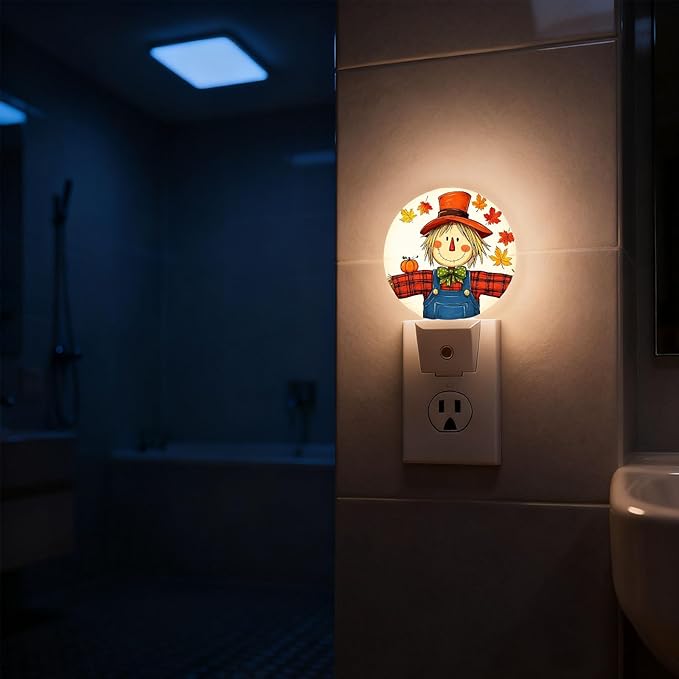 Mugod Autumn Scarecrow Plug-in Nightlights Maple Leaf Fall Night Light Plug into Wall with Dusk-to-Dawn Sensor LED Lighting 0.5W Sleep-Friendly