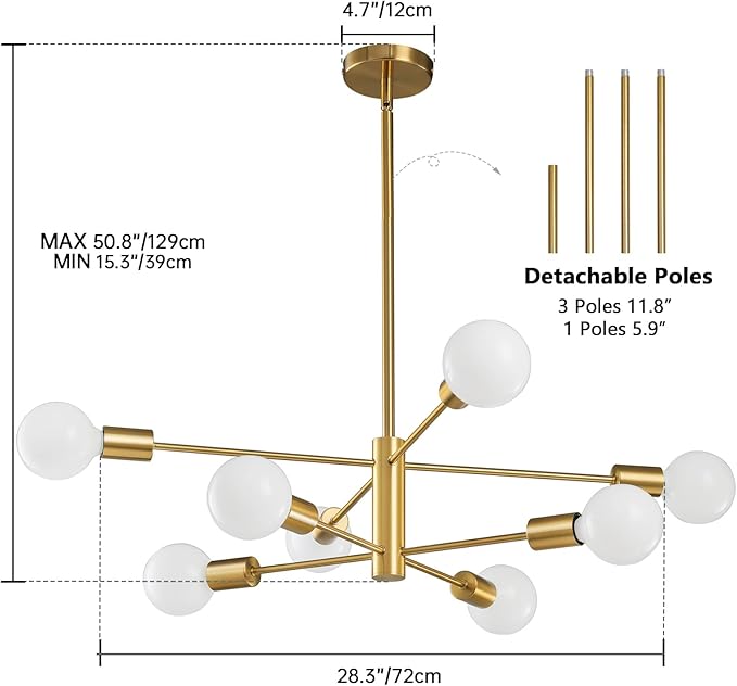 Modern Sputnik Chandeliers Light, 8-Light Gold Dining Room Chandelier Over Table, E26 Mid Century Ceiling Light Fixtures Height Adjustable Hanging Pendant Lighting for Entryway Foyer