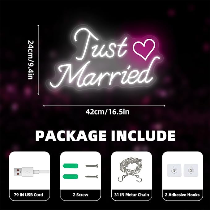 Just Married Neon Sign for Wedding Decor, Just Married Sign Wedding Ceremony Backdrop Decorations Gift for Reception, 16.5 x 9.4 inch