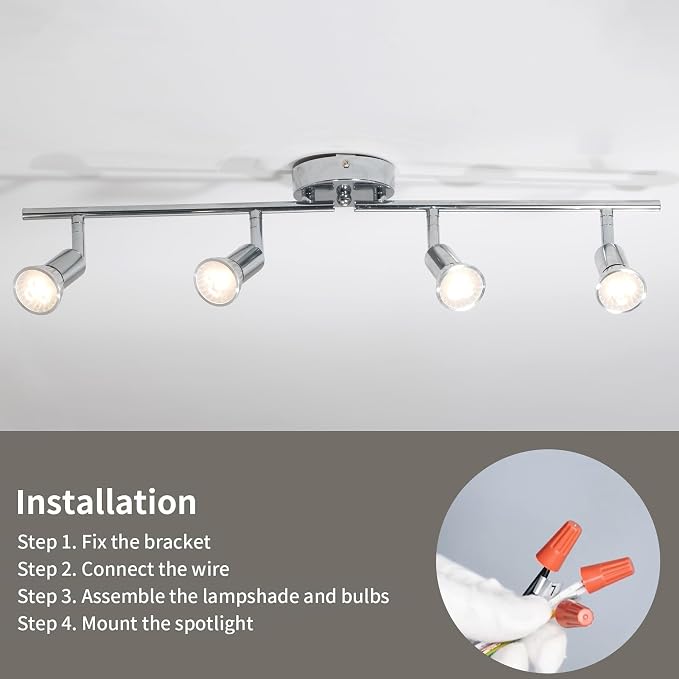 Qcyuui Modern 4-Light Track Lighting Kit, Flush Mount Wall/Ceiling Spot Lights Fixture, LED Track Lighting with Chrome Rotatable Light Head for Kitchen Living Room, 4×GU10 Bulb (Included)