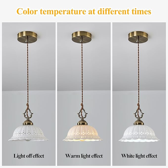 Ceramic Pendant Light 1-Light Adjustable Cord Industrial Ceiling Hanging Light Brass Vintage Chandelier for Kitchen Island Bar Dining Room Bedroom Foyer Hallway Farmhouse