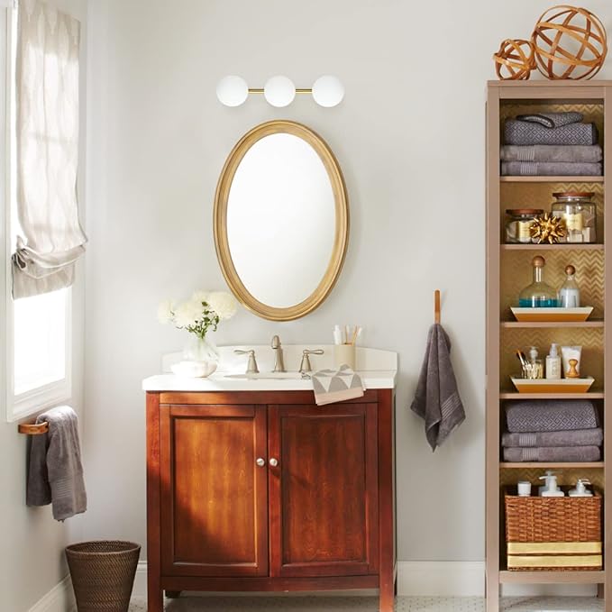 Bathroom Vanity Lights, 3-Light Bathroom Light Fixtures Gold Bathroom Lights, Mid Century Modern Brass Gold Vanity Light Dimmable Wall Sconce Wall Mount Light Fixture with Milk Glass, G9 Base