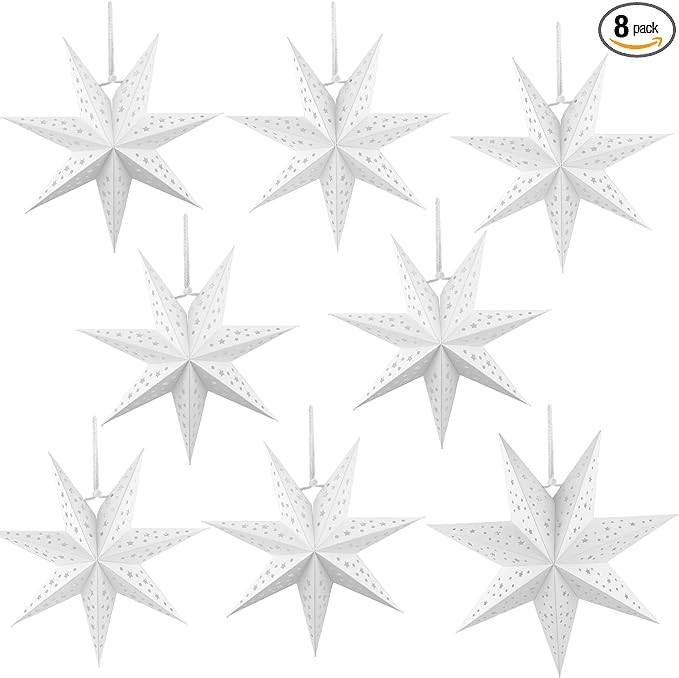 8 Pack 18 Inch/ 12 Inch/ 10 Inch 3D Paper Stars 7 Pointed Hanging Star Lanterns Lampshade Hollow Paper Star Lantern for Christmas Wedding Home Birthday Party Decorations, 3 Size