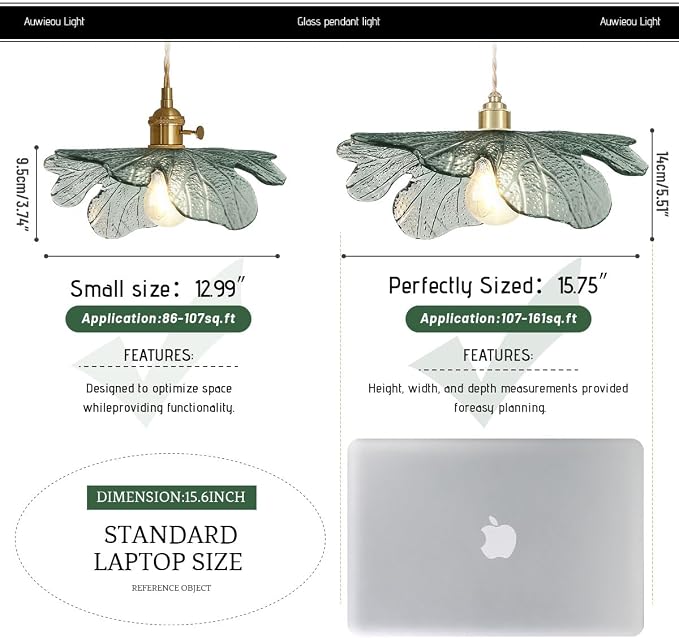 15.74" Large Glass Pendant Lights Dark Green Leaf Shade for Kitchen | Vintage Hanging Light Hand Blown Unique Flush Mount chandelier, Gold Brass E26, 59" Adjustable, Dimmable for Dining Room