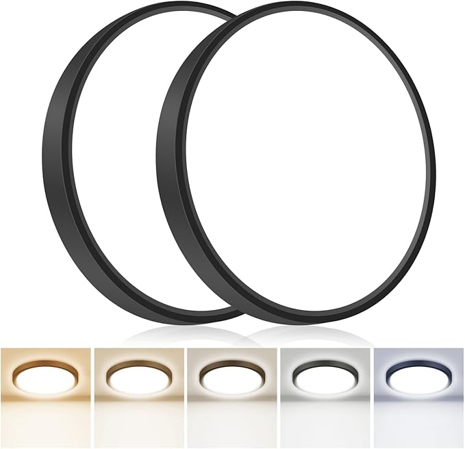 2PACK Flush Mount LED Ceiling Light Fixtures 5 Color Temperatures in One &100W Equivalent Flat Bathroom ceiling light,7Inch 15W Thin Round Black Surface Flushmount fixture for Closet,Bedroom,Kitchen