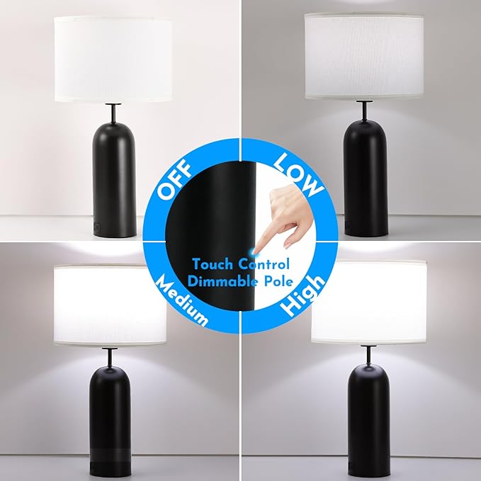 22-inch Tall Table Lamps - Set of 2 Black & White Touch Control 3-Way Dimmable Lamps with USB A+C Ports for Bedroom or Living Room