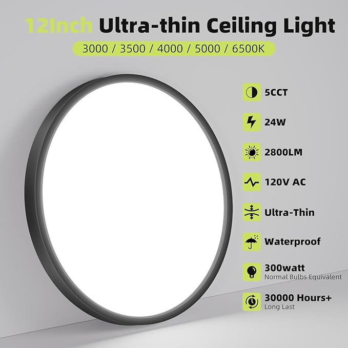 hepside 2Pack 12Inch LED Flush Mount Ceiling Light Fixture 5CCT 24W 2800LM Closet Light Fixture,Small Round Slim Surface Ceiling Lamp for Hallway,Bathroom,Bedroom,Kitchen,Interior